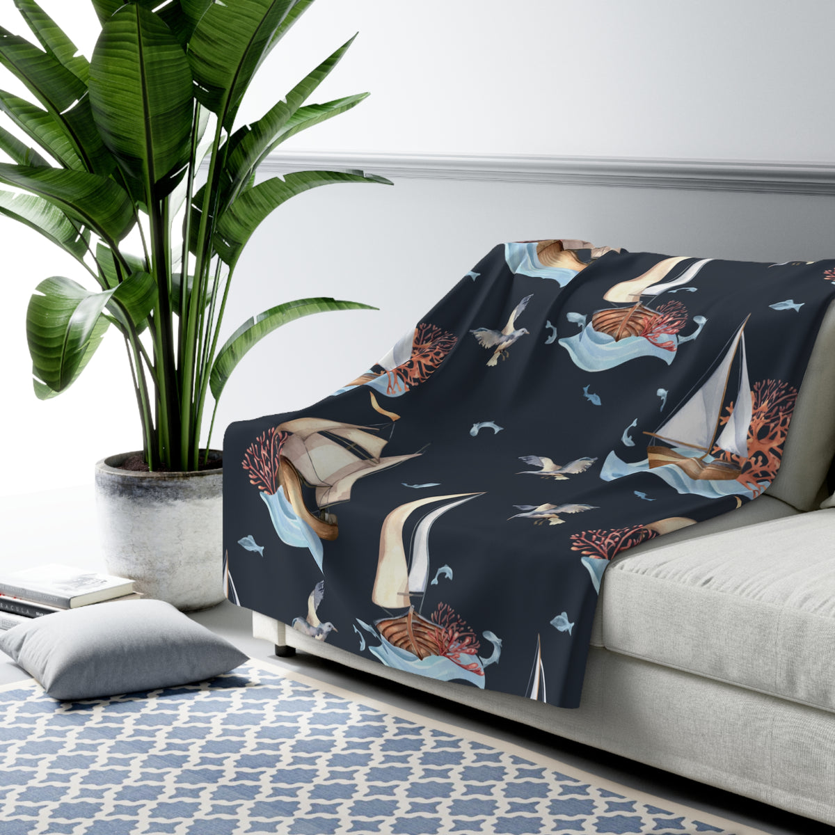 Black Sailboat Sherpa Fleece Blanket
