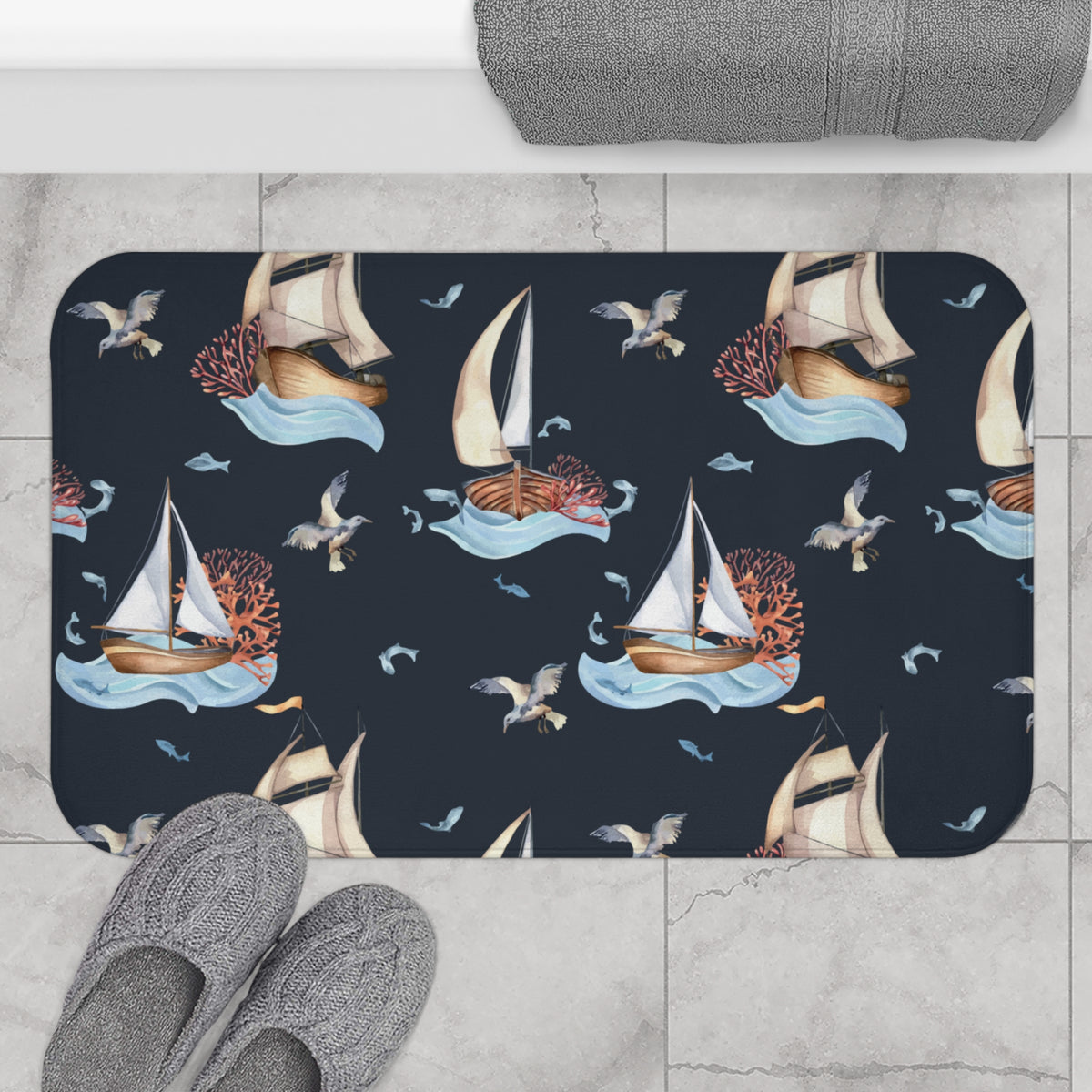 Black Sailboat Bath Mat